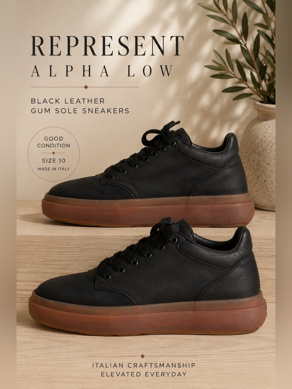 Represent Alpha Low Black Leather Gum Sole Sneakers Size 10 Made in Italy